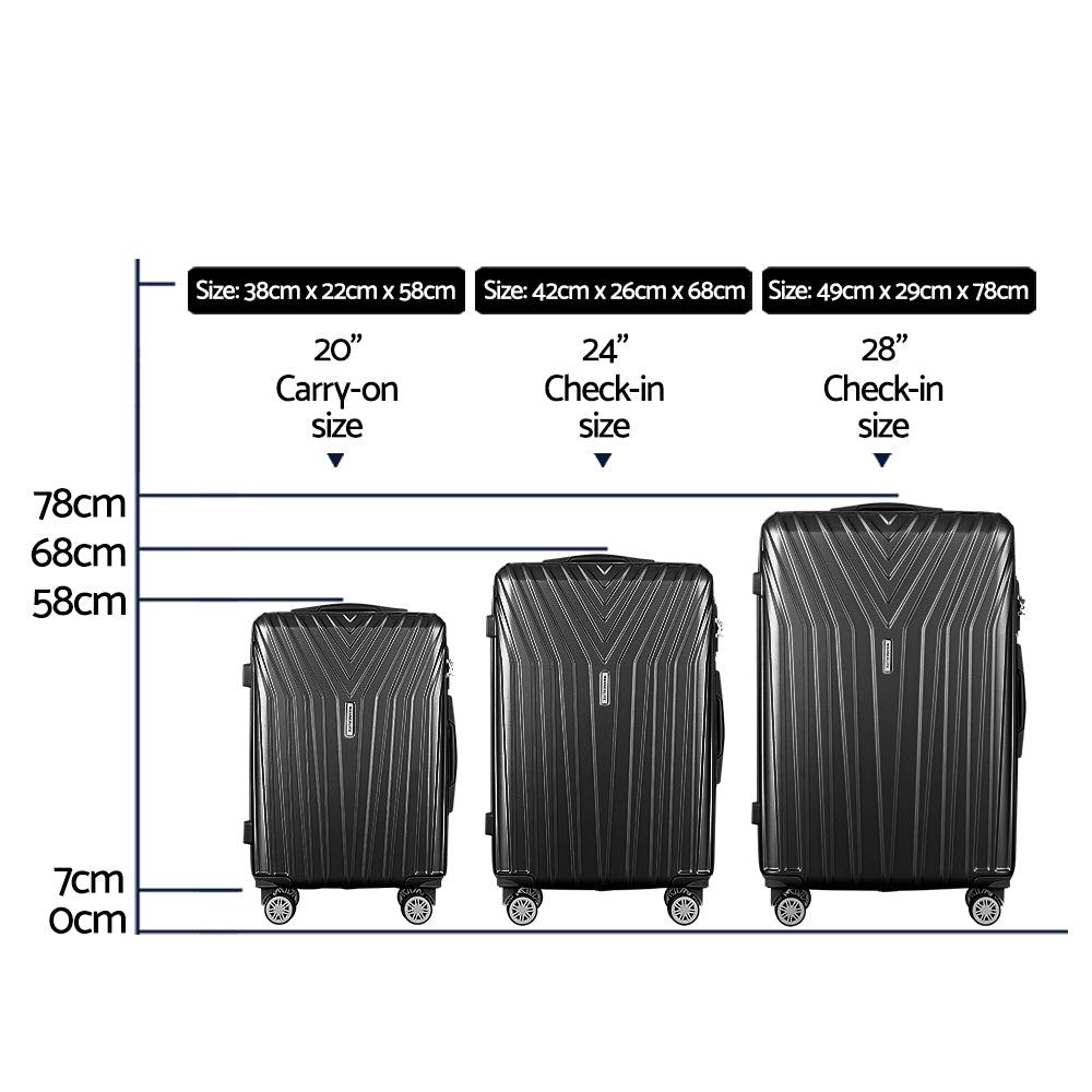 Wanderlite 3pc Luggage Trolley Set Suitcase Travel TSA Hard Case Carry On Black Lightweight