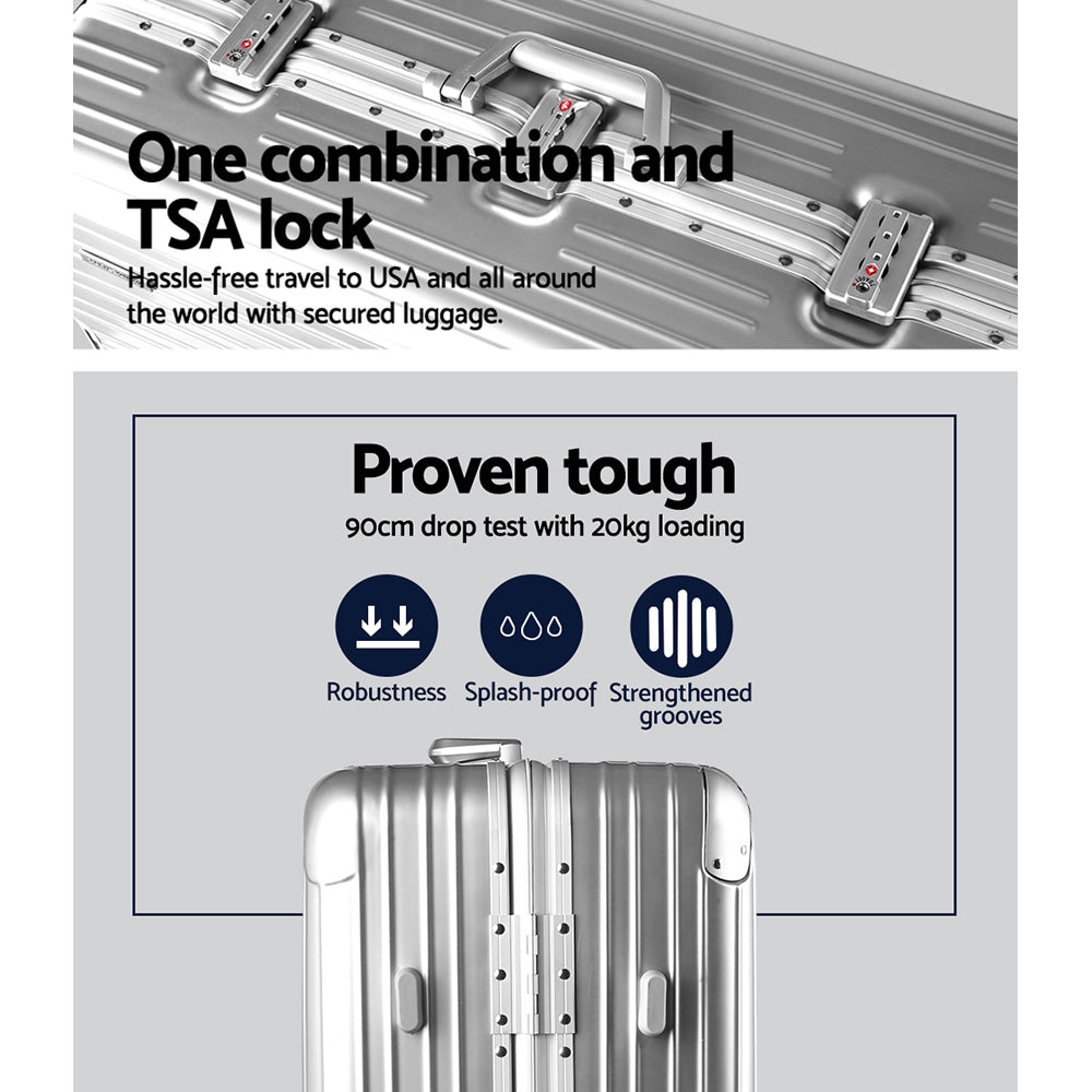 28" Luggage Trolley Travel Suitcase Set TSA Carry On Lightweight Aluminum Silver