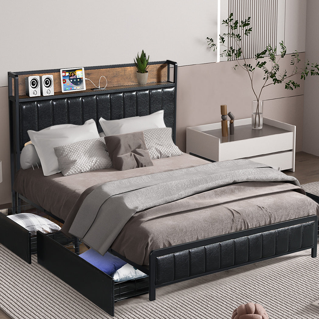 Levede Queen Bed Frame PU 4 Drawer USB Charge