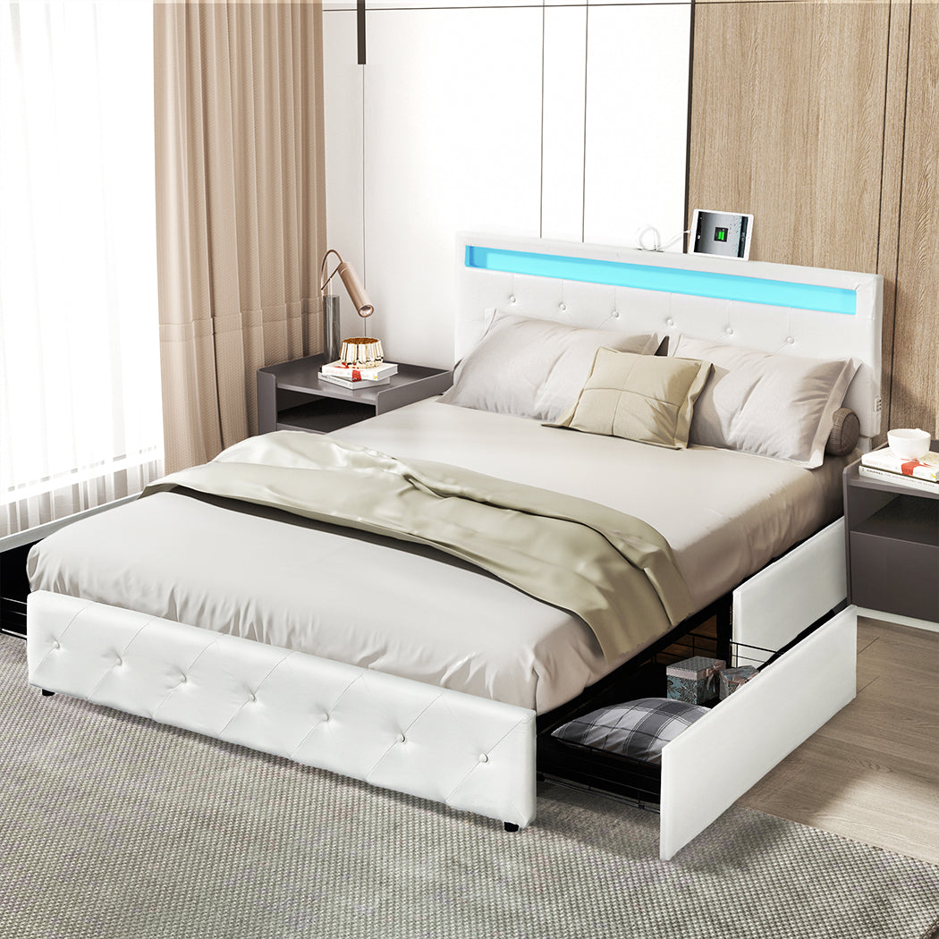 Levede Queen Bed Frame RGB LED PU 4 Drawer USB