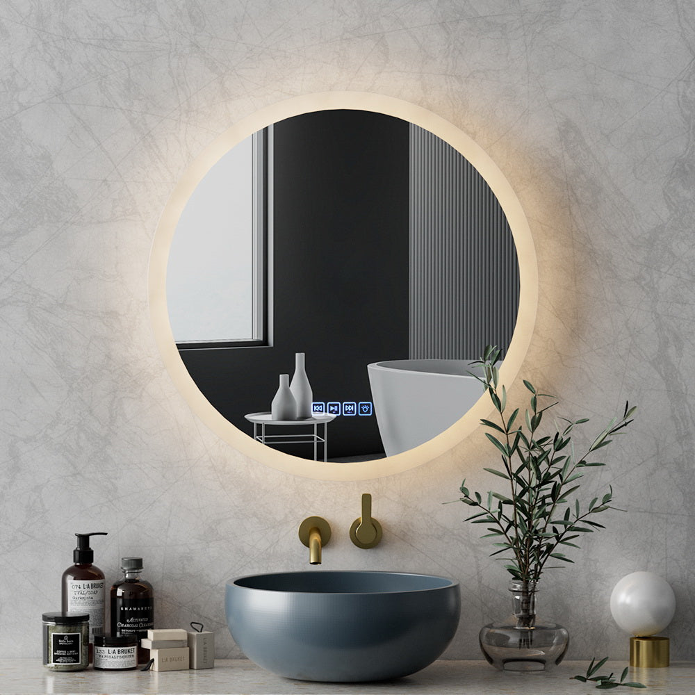 Bluetooth LED Wall Mirror With Light 60CM Bathroom Decor Round Mirrors