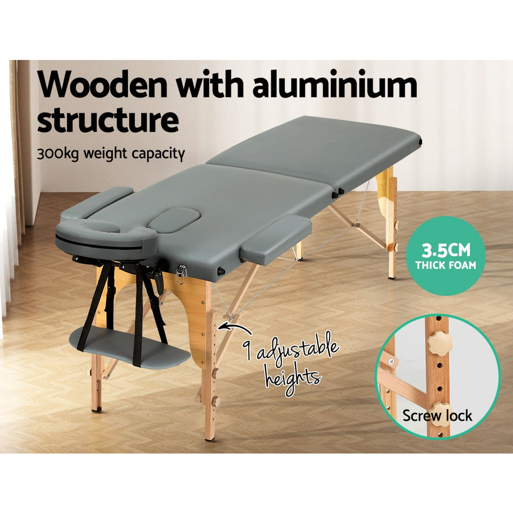 Massage Table 56CM Width 2Fold Portable Wooden Therapy Beauty Bed Grey