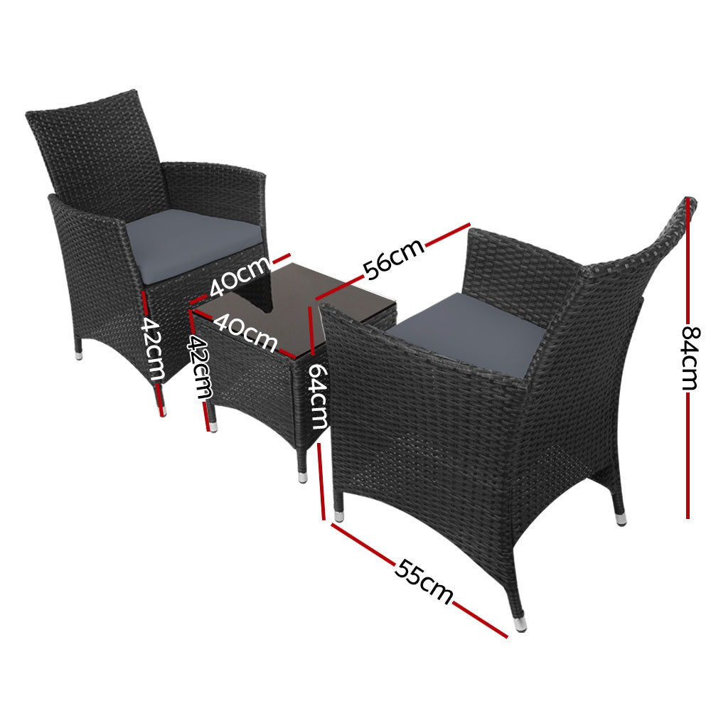 3PC Outdoor Bistro Set Patio Furniture Wicker Chairs Table Cushion All Black