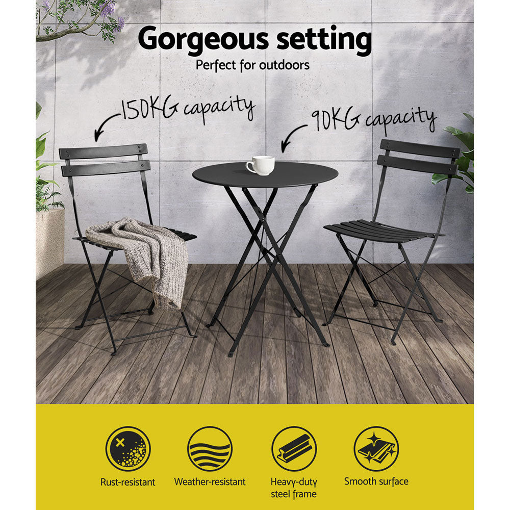 3PC Outdoor Bistro Set Steel Table and Chairs Patio Furniture Black