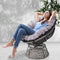 Grey Papasan Chair 360° Rotating Wicker Lounge Chair with Thick Cushion Indoor Outdoor