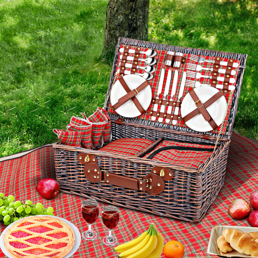 Alfresco 4 Person Picnic Basket Set Insulated Blanket Bag Red