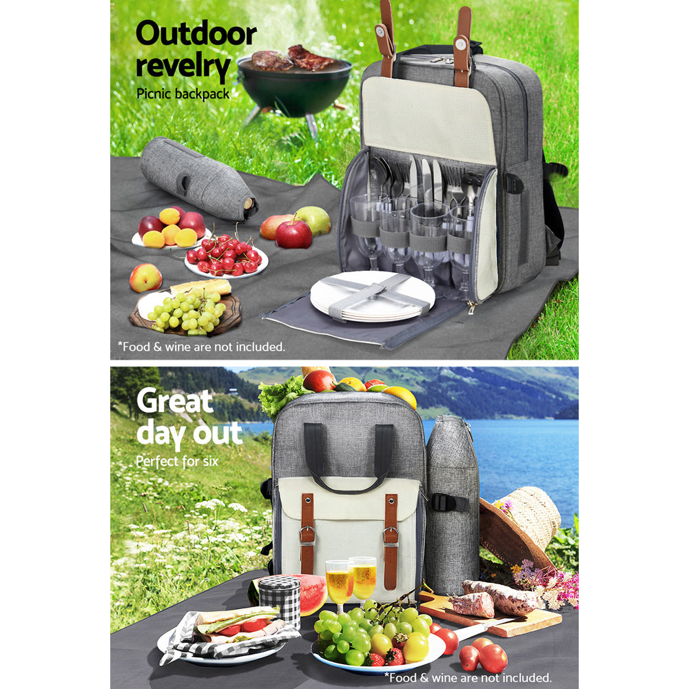 Alfresco 4 Person Picnic Basket Set Backpack Bag Insulated Grey