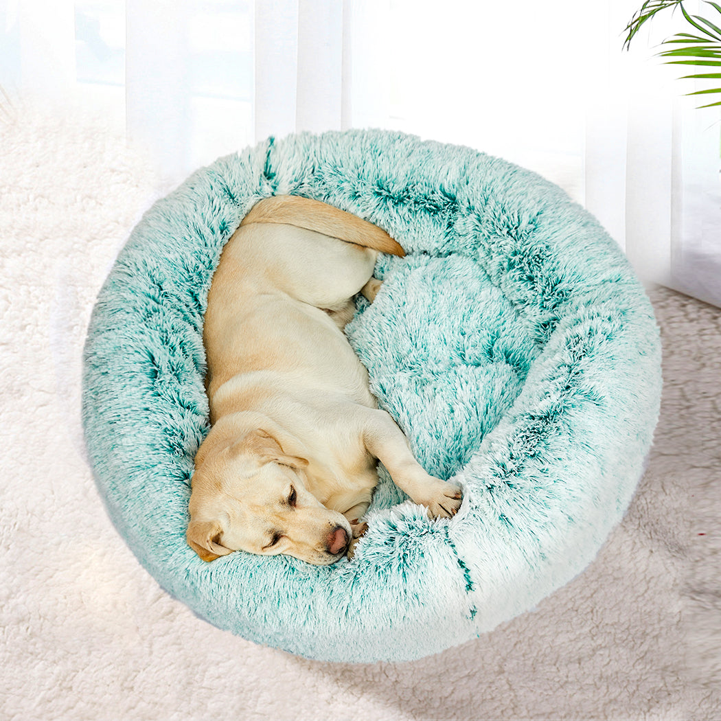 Pet Bed Cat Dog Donut Nest Calming Mat Soft Plush Kennel Teal L