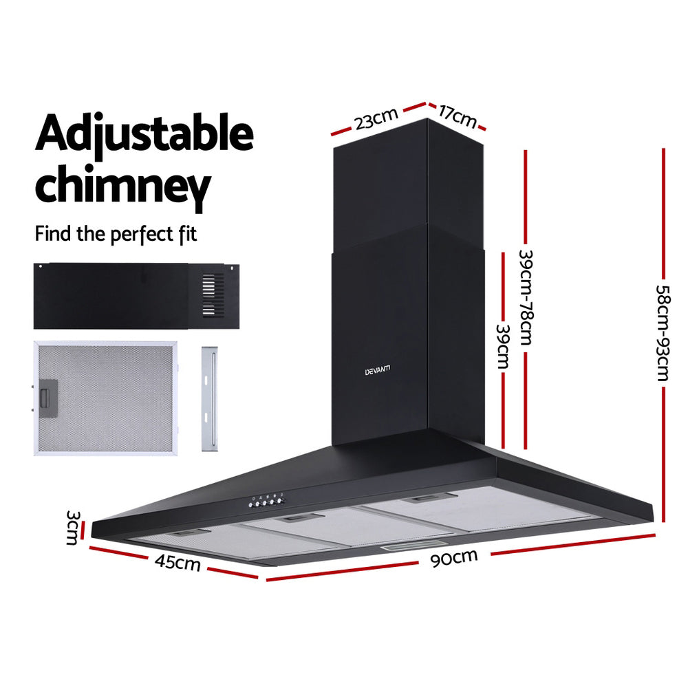 900mm Range Hood 90cm Rangehood Black