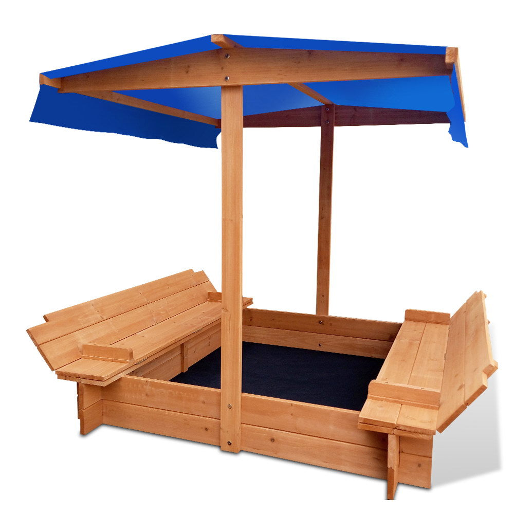Kids Sandpit Wooden Sandbox Sand Pit with Canopy Foldable Seat Toys 120cm