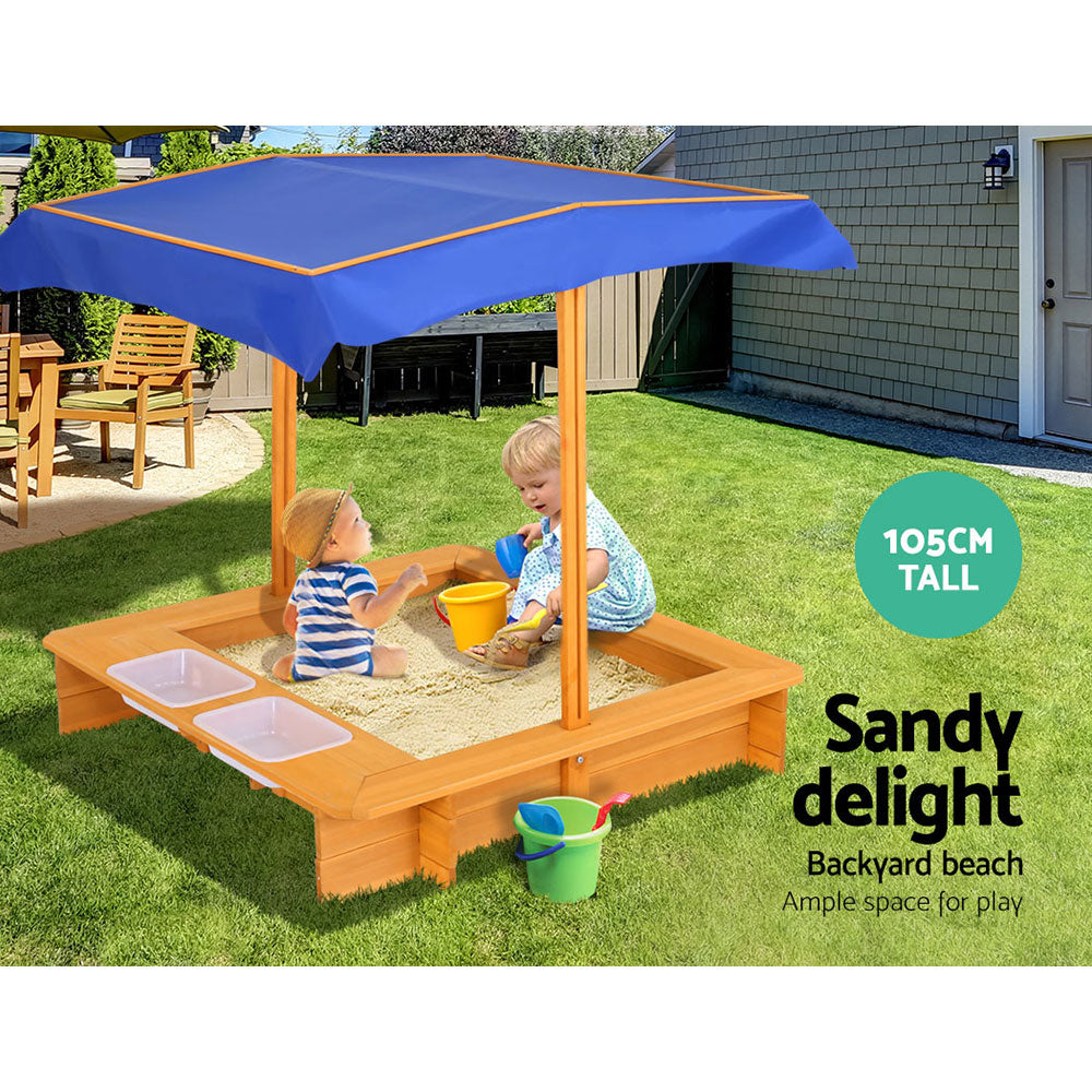 Kids Sandpit Wooden Sandbox Sand Pit with Canopy Water Basin Toys 103cm