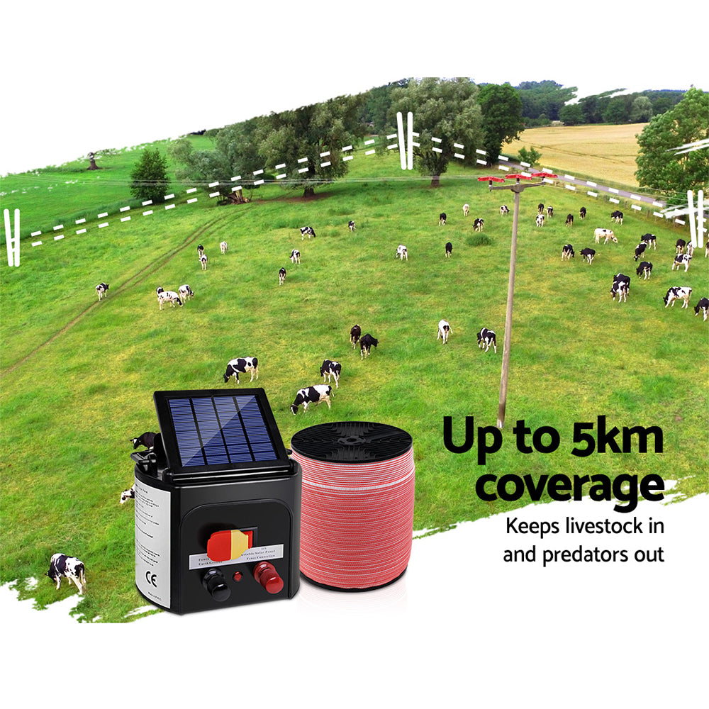 Fence Energiser 5KM Solar Powered Electric 1200M Poly Tape