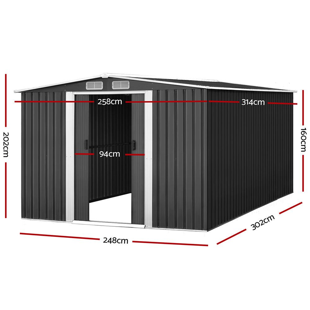 Garden Shed 2.58x3.14M w/Metal Base Sheds Outdoor Storage Workshop Shelter Sliding Door