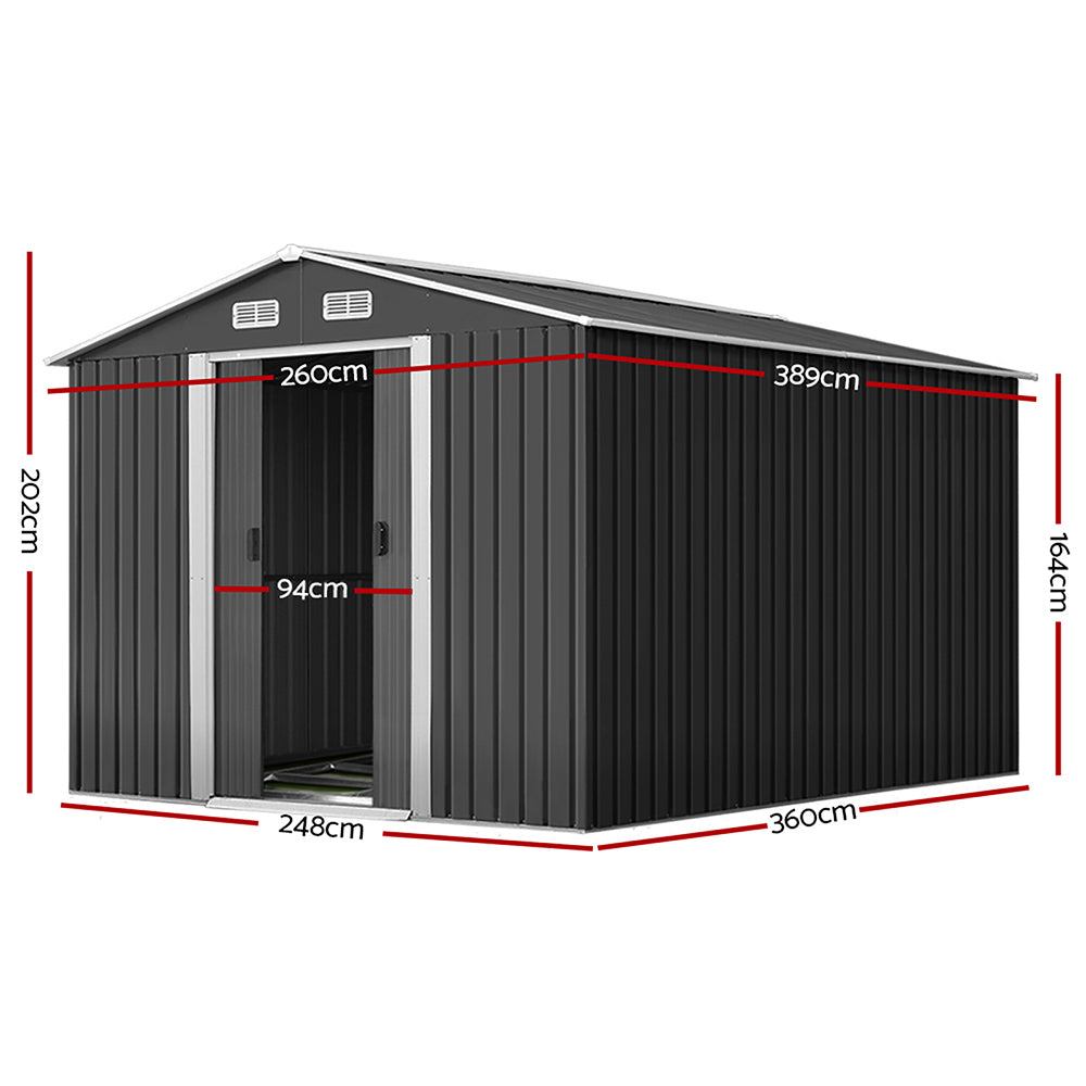 Garden Shed 2.6x3.9M w/Metal Base Sheds Outdoor Storage Workshop Tool Shelter Sliding Door