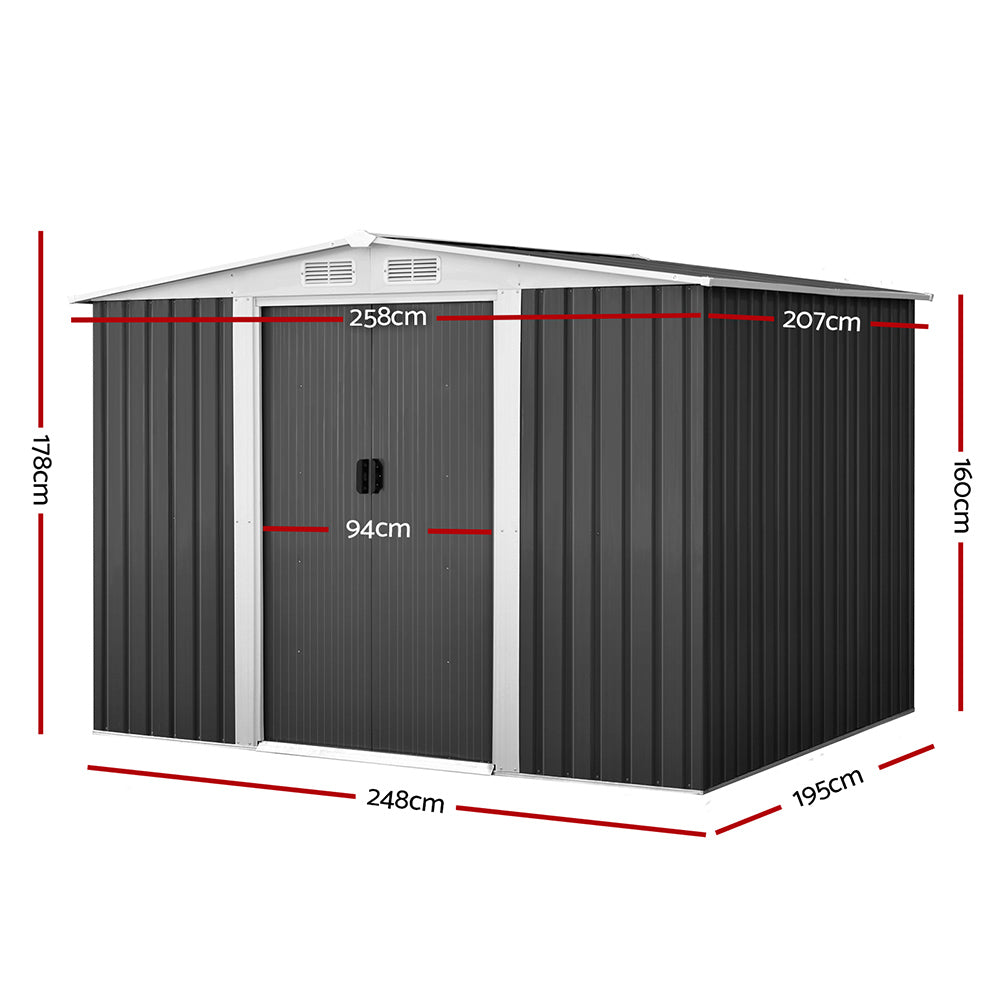 Garden Shed 2.58x2.07M Sheds Outdoor Storage Workshop Metal Shelter Sliding Door