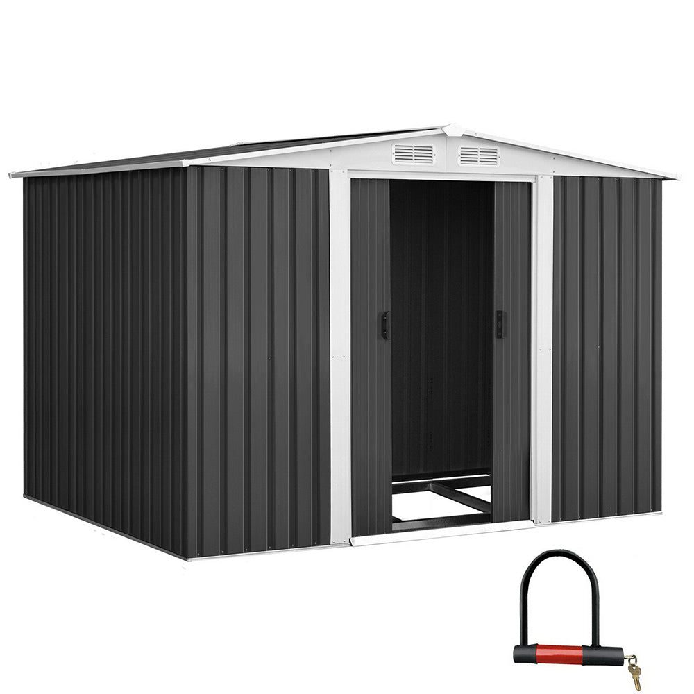 Garden Shed 2.58x2.07M w/Metal Base Sheds Outdoor Storage Double Door Tool