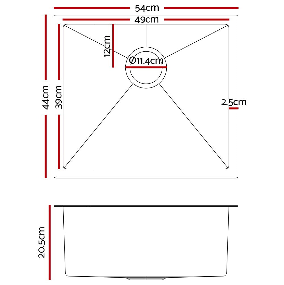 54cm x 44cm Stainless Steel Kitchen Sink Under/Top/Flush Mount Black