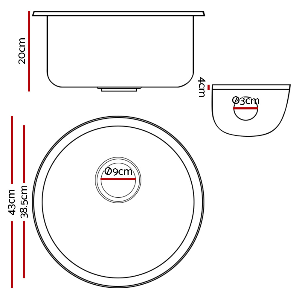 Stone Kitchen Sink Round 430MM Granite Under/Topmount Basin Bowl Laundry Black