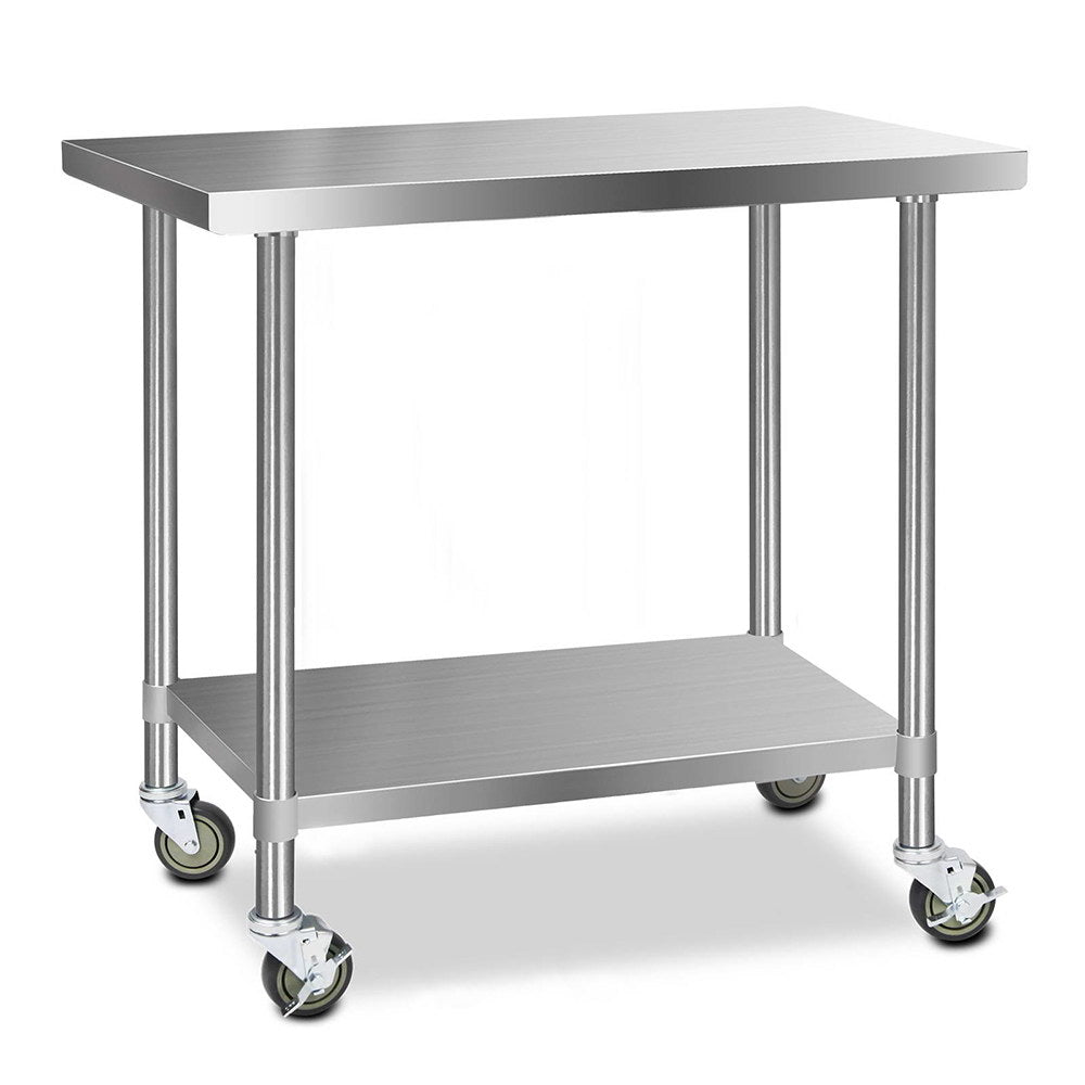 304 Stainless Steel Kitchen Benches Work Bench Food Prep Table with Wheels 1219MM x 610MM