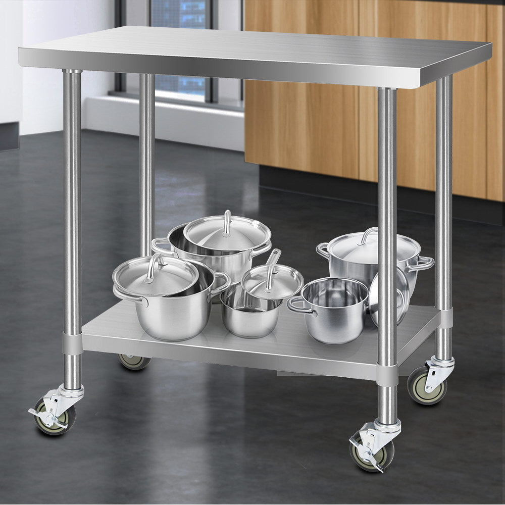 304 Stainless Steel Kitchen Benches Work Bench Food Prep Table with Wheels 1219MM x 610MM