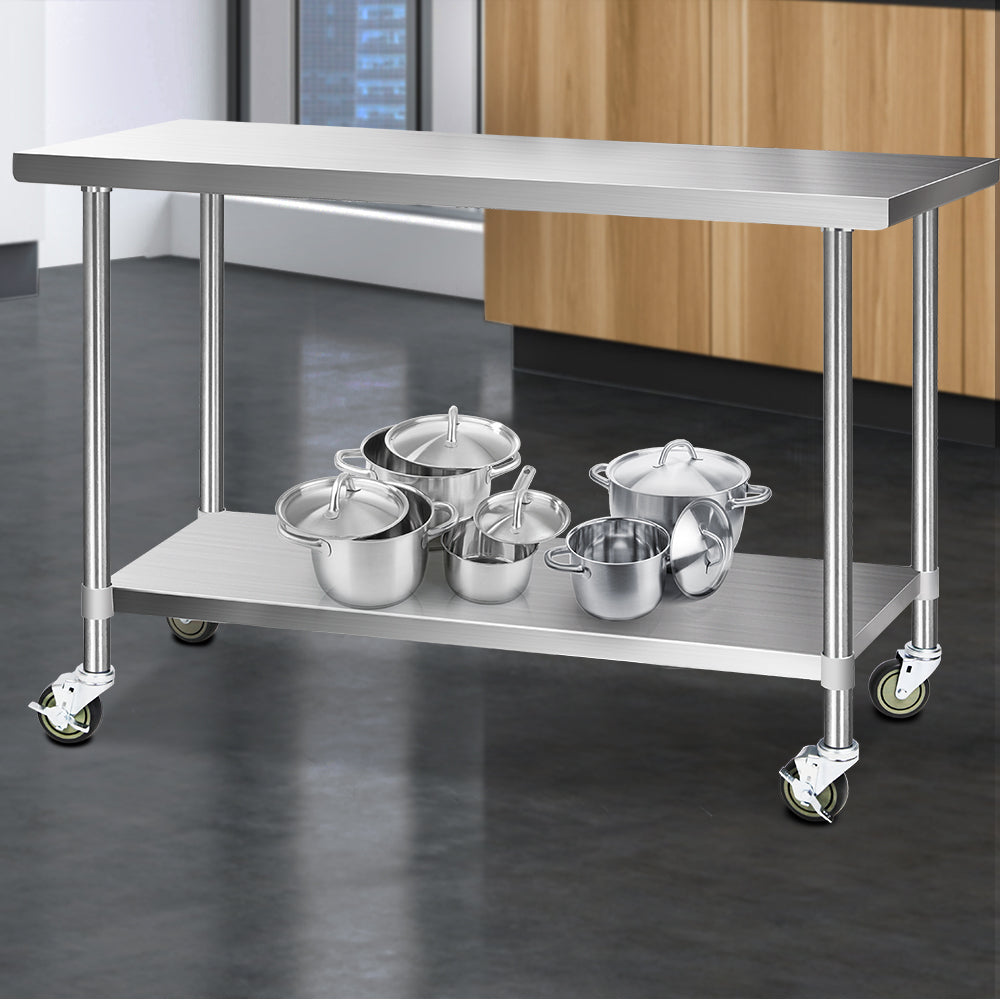 304 Stainless Steel Kitchen Benches Work Bench Food Prep Table with Wheels 1524MM x 610MM