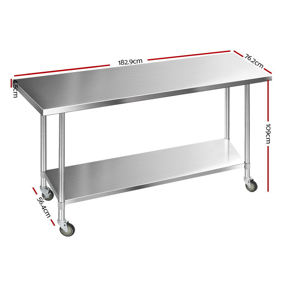 1829 x 762mm Commercial Stainless Steel Kitchen Bench with 4pcs Castor Wheels