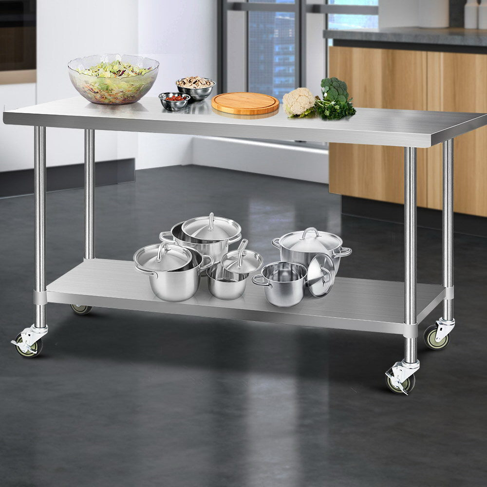 1829 x 762mm Commercial Stainless Steel Kitchen Bench with 4pcs Castor Wheels