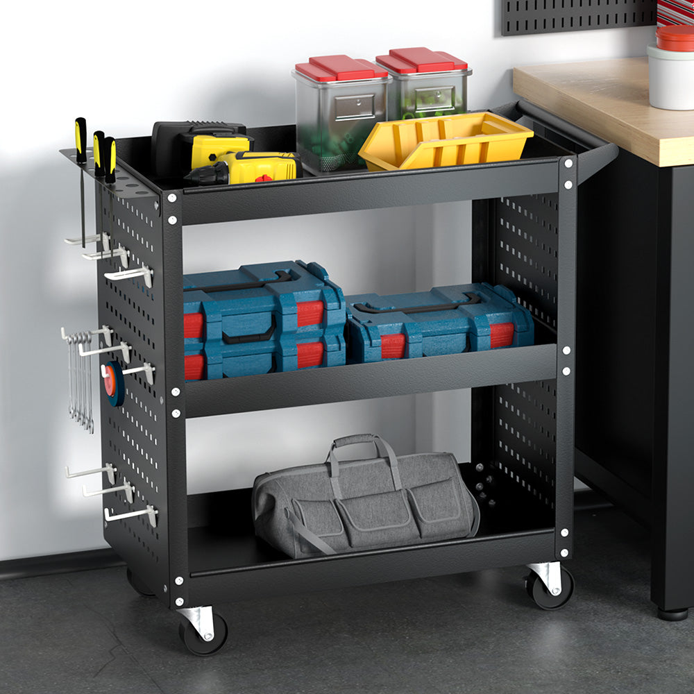 3-Tier Tool Cart Storage Trolley Workshop Garage Pegboard Hooks Black