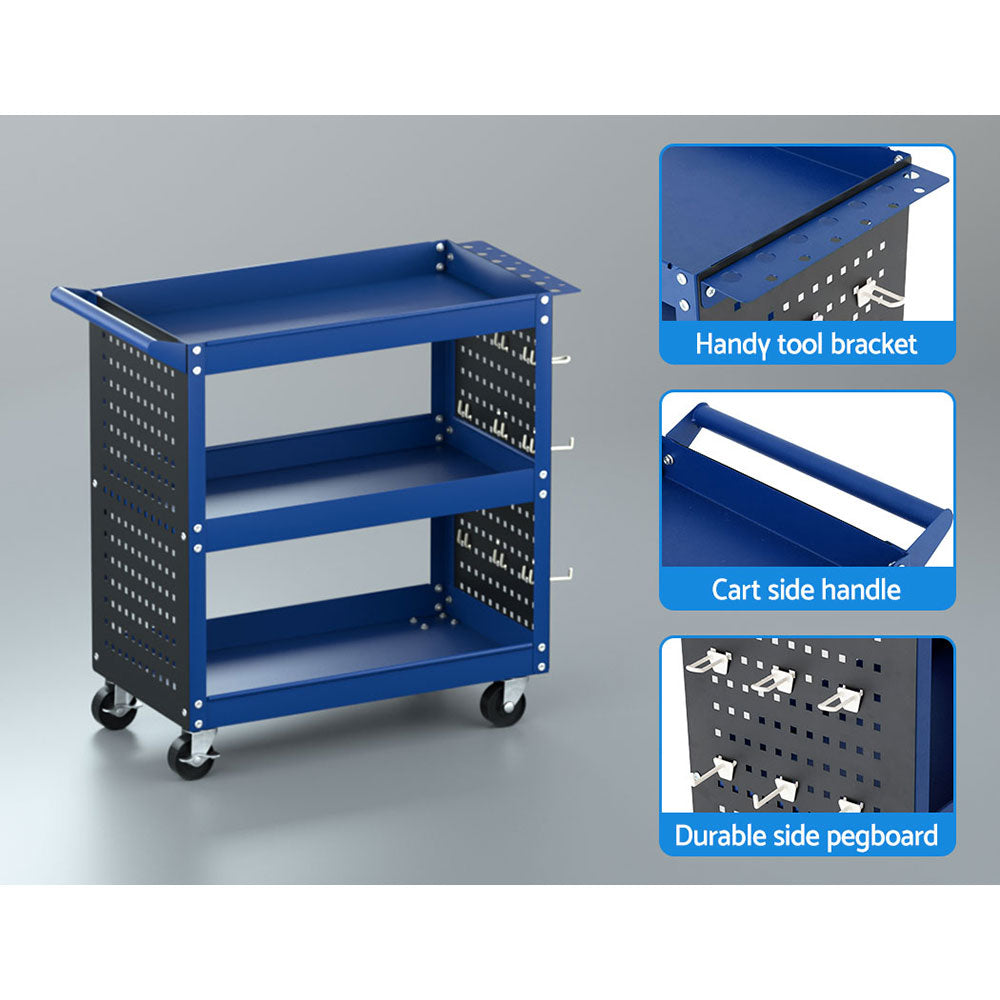 Giantz 3-Tier Tool Cart Storage Trolley Workshop Garage Pegboard Hooks Blue