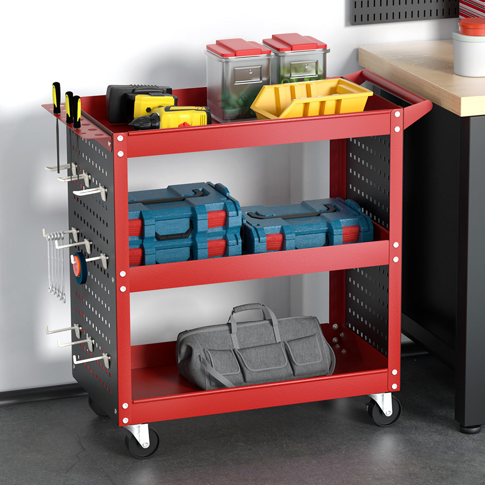 3-Tier Tool Cart Storage Trolley Workshop Garage Pegboard Hooks Red