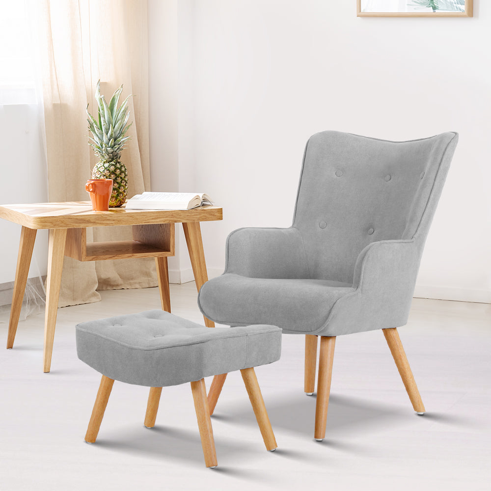 Modern Scandinavian Style Fabric Armchair and Ottoman  Light Grey