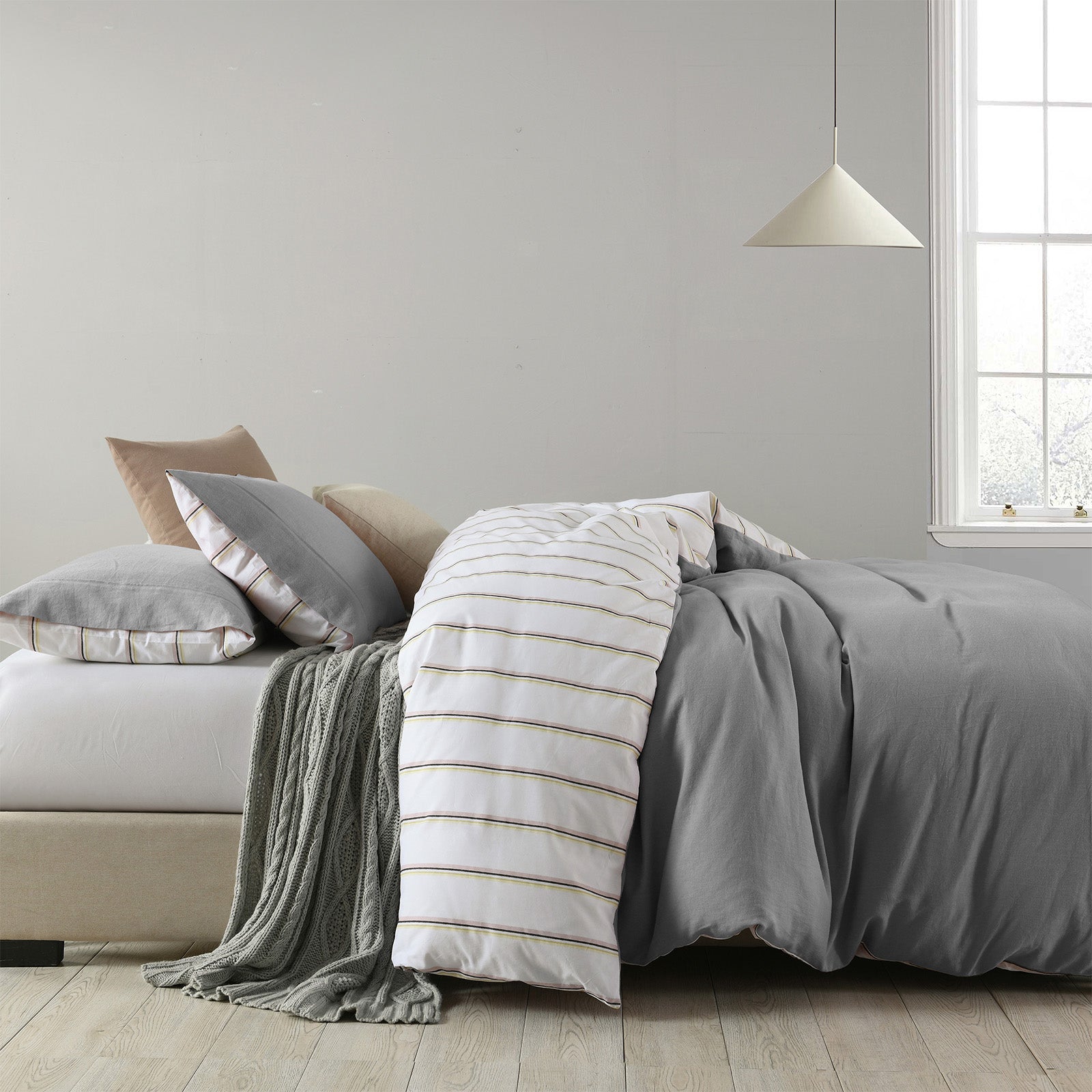 Hemp Braid Cotton Blend Quilt Cover Set Reverse Stripe Bedding - King - Light Grey