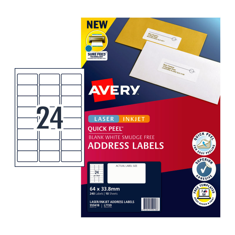 AVERY LIP Label QP L7159 24Up labels with 10 sheets