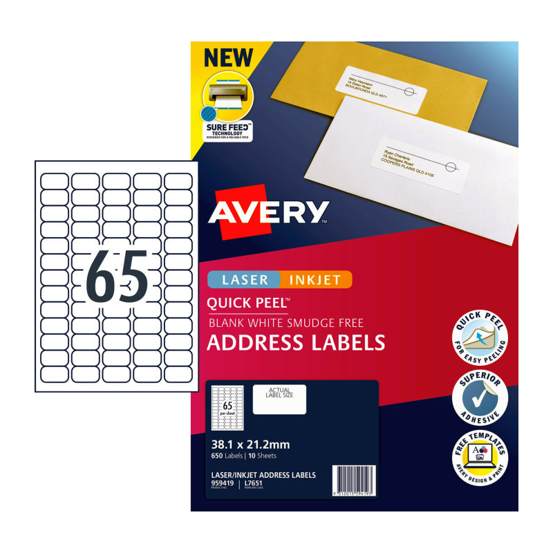 AVERY Label QP L7651 65Up Pack of 10