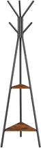 Black Coat Rack Stand Industrial Style 2 Shelves Clothes