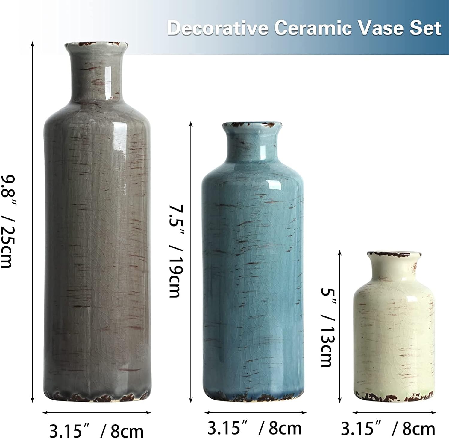 Ceramic Vases Set of 3 Crackled Finish Blue Farmhouse for Home Dï¿½cor