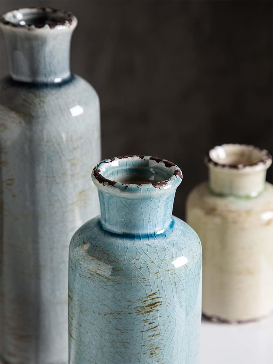 Ceramic Vases Set of 3 Crackled Finish Blue Farmhouse for Home Dï¿½cor