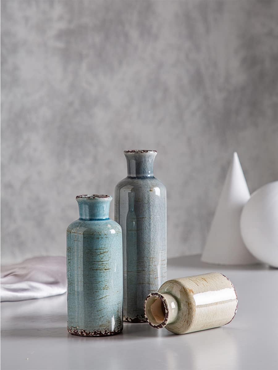 Ceramic Vases Set of 3 Crackled Finish Blue Farmhouse for Home Dï¿½cor