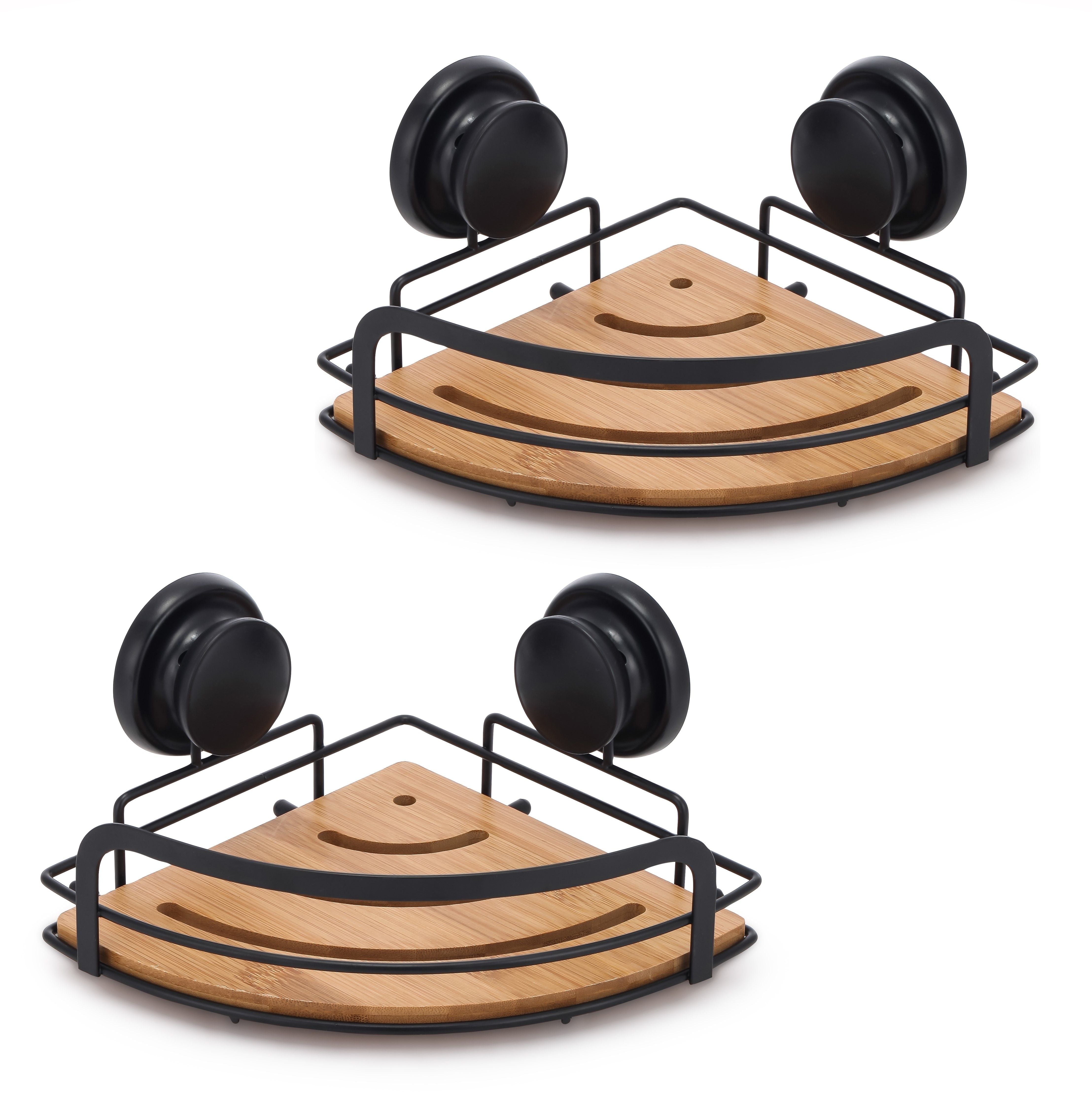 2 Pack Round Bamboo Corner Shower Caddy Shelf Basket Rack with Premium Vacuum Suction Cup NoDrilling for Bathroom and Kitchen