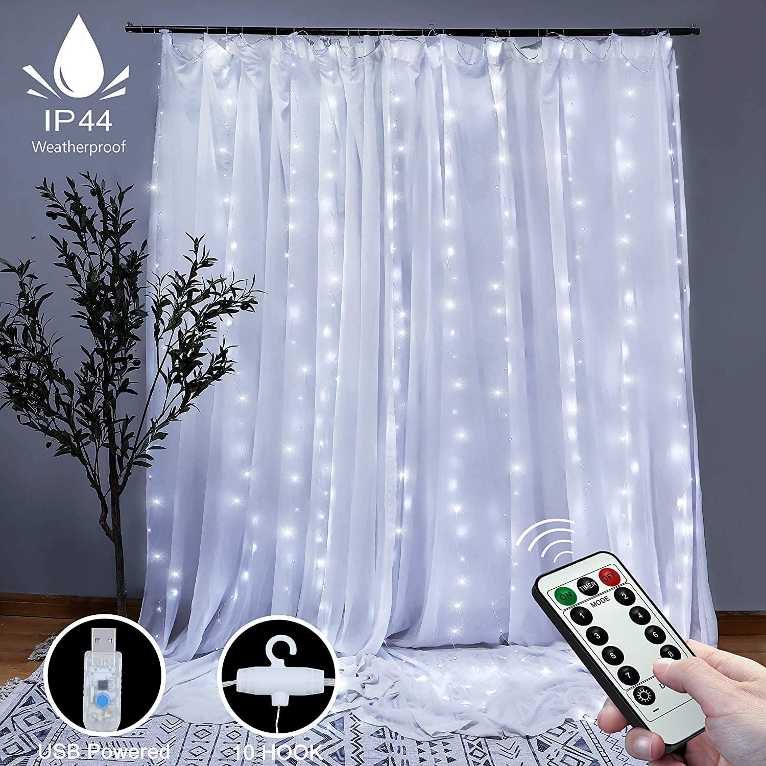 300 LEDs Window Curtain Fairy Lights 8 Modes and Remote Control for Bedroom (Cool White, 300 x 300cm)