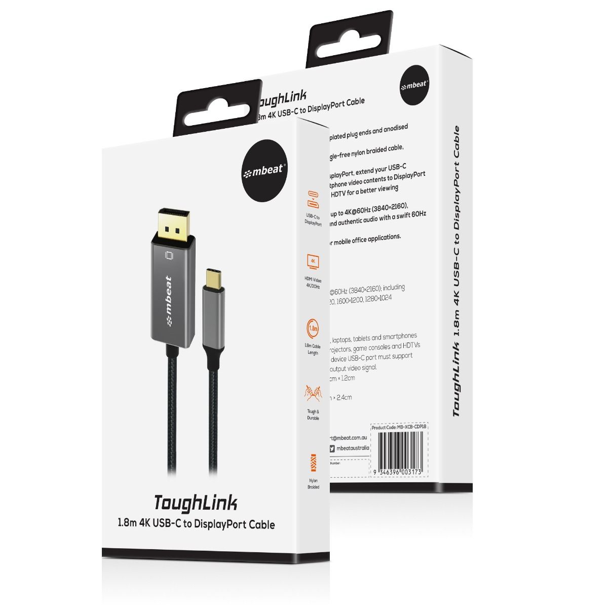 mbeat Tough Link 1.8m 4K USB-C to Display Port Cable - Space Grey