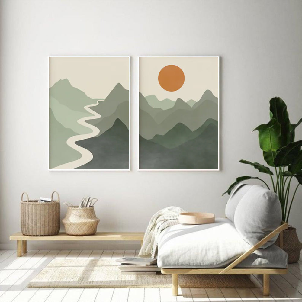 Wall Art 100cmx150cm Sage Green River Mountain 2 Sets White Frame Canvas