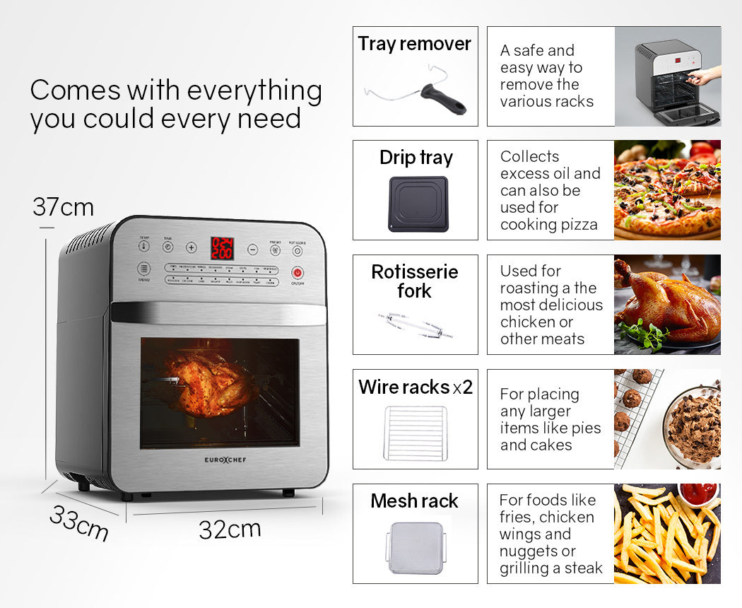 EUROCHEF 16L Digital Air Fryer Electric Airfryer Rotisserie Large Big Dry Cooker, Silver