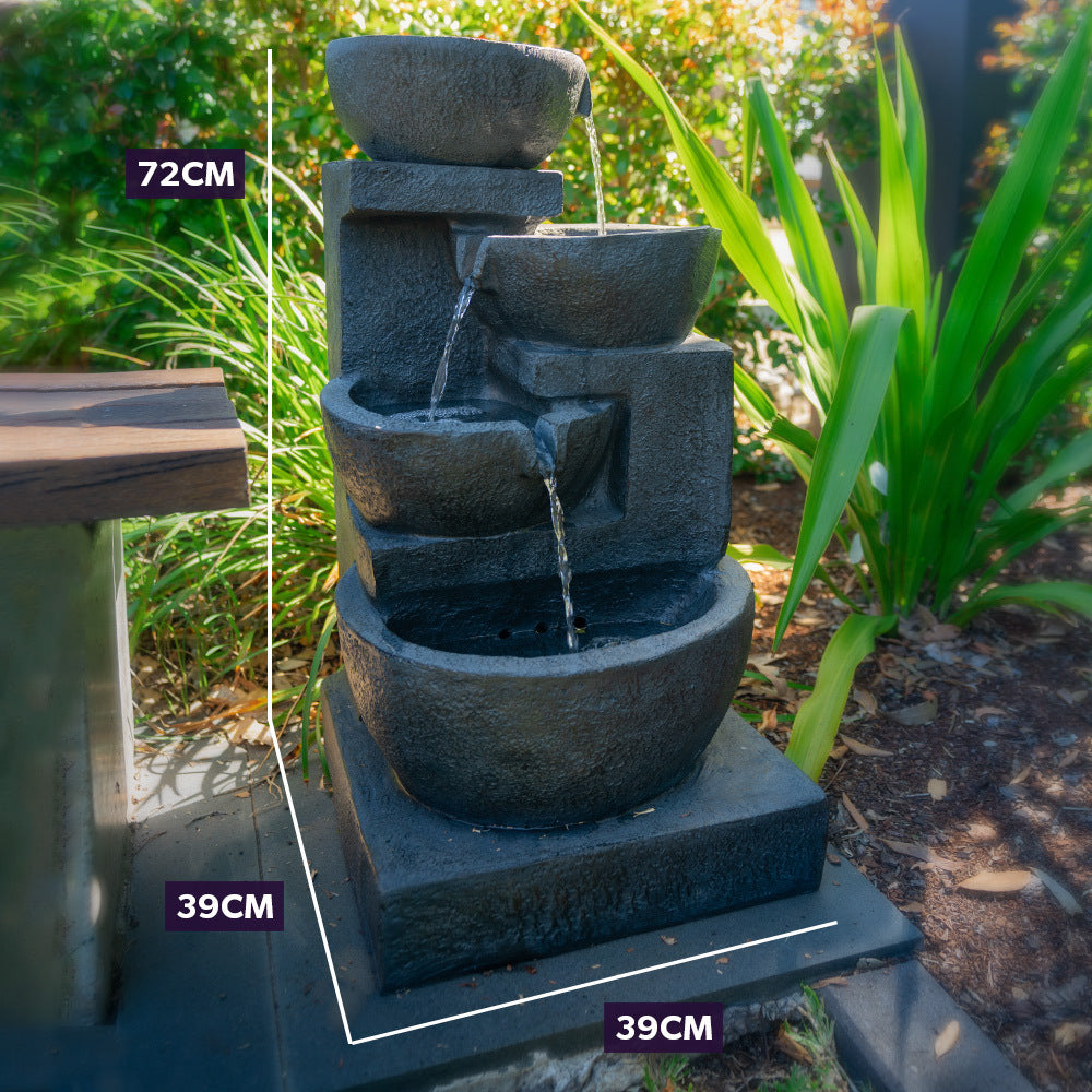 Solar Fountain Water Feature Outdoor 4 Bowl with LED Lights - Charcoal