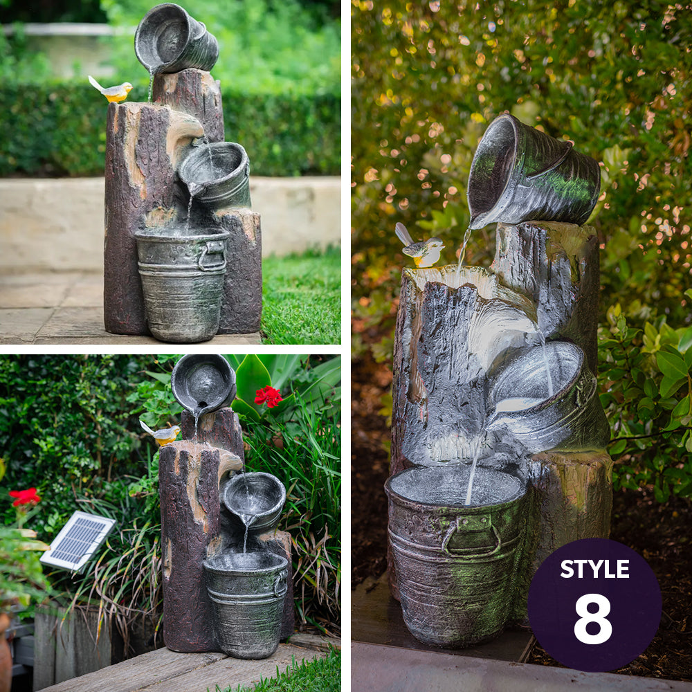 Solar Fountain Water Feature Outdoor 4 Bowl with LED Lights - Charcoal