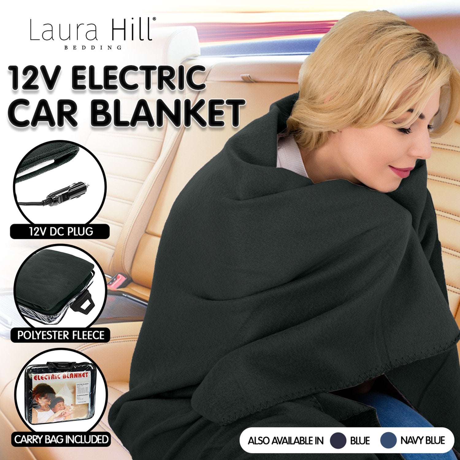 Heated Electric Car Blanket 150x110cm 12v - Black