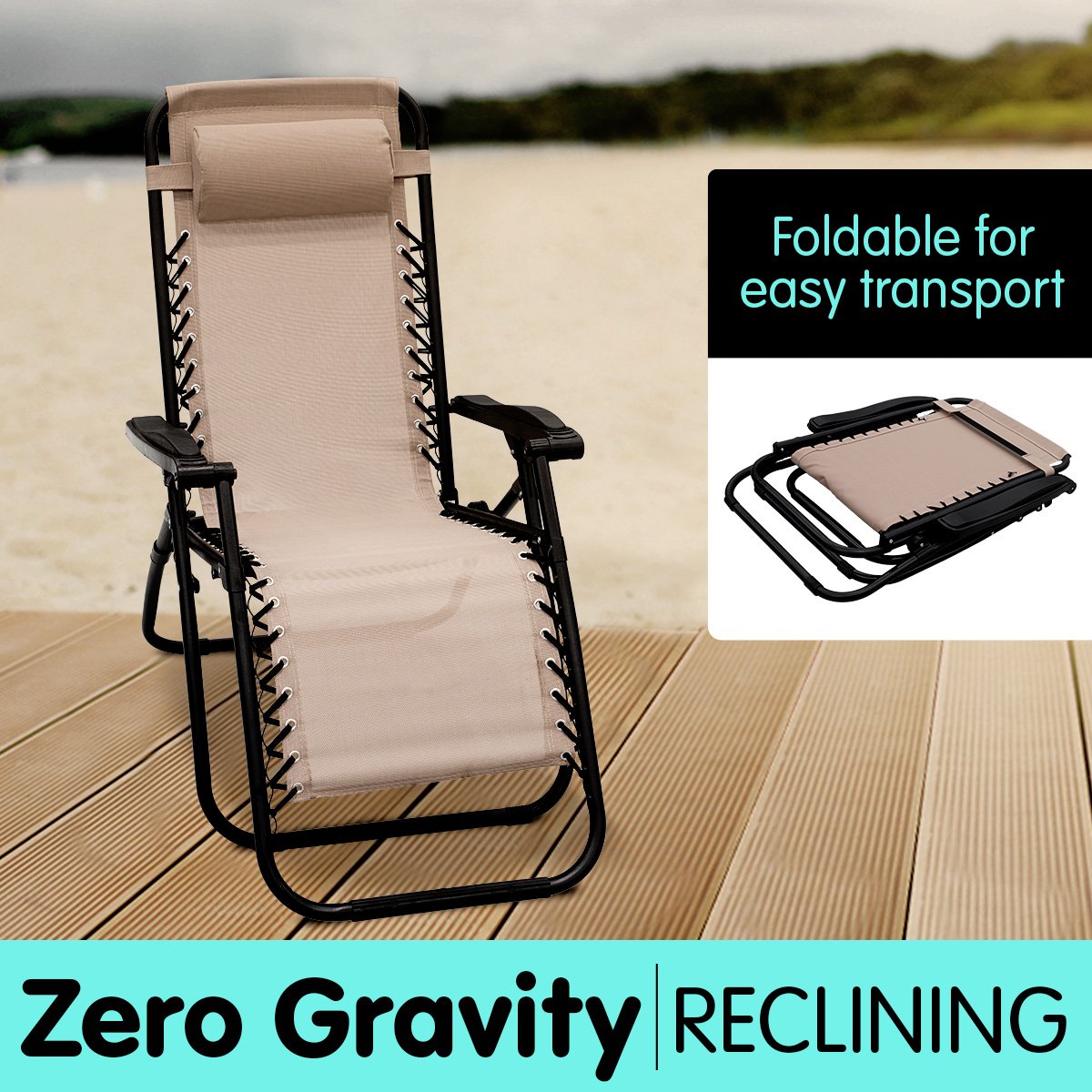 Zero Gravity Reclining Deck Lounge Sun Beach Chair Outdoor Folding Camping - Beige