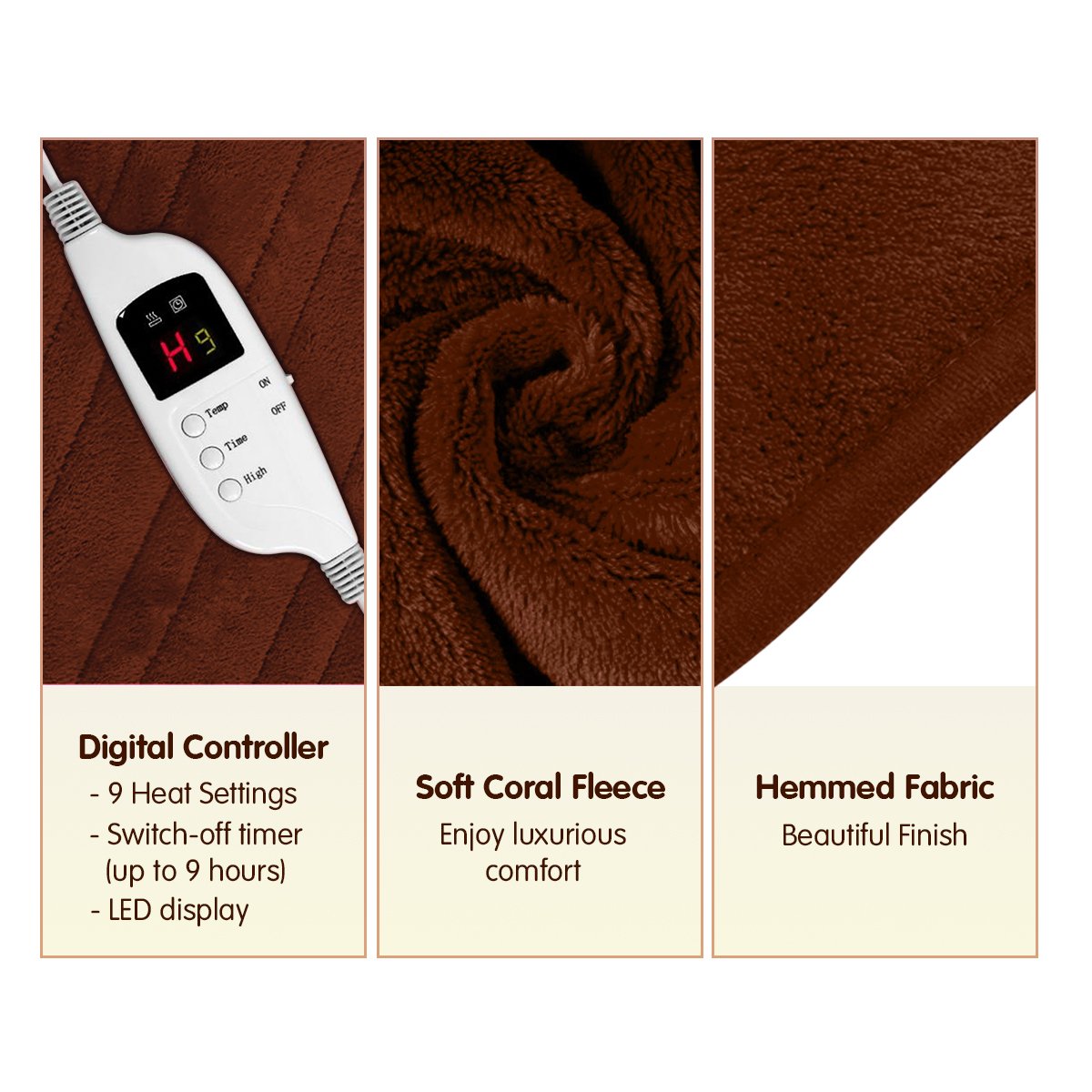 Heated Electric Blanket Throw Rug Coral Warm Fleece Brown