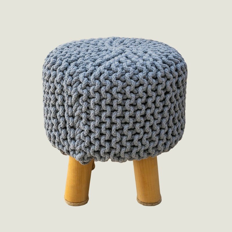 Kids Hand Knitted Cotton Braided Foot Rest Sitting Stool Ottoman Light Grey