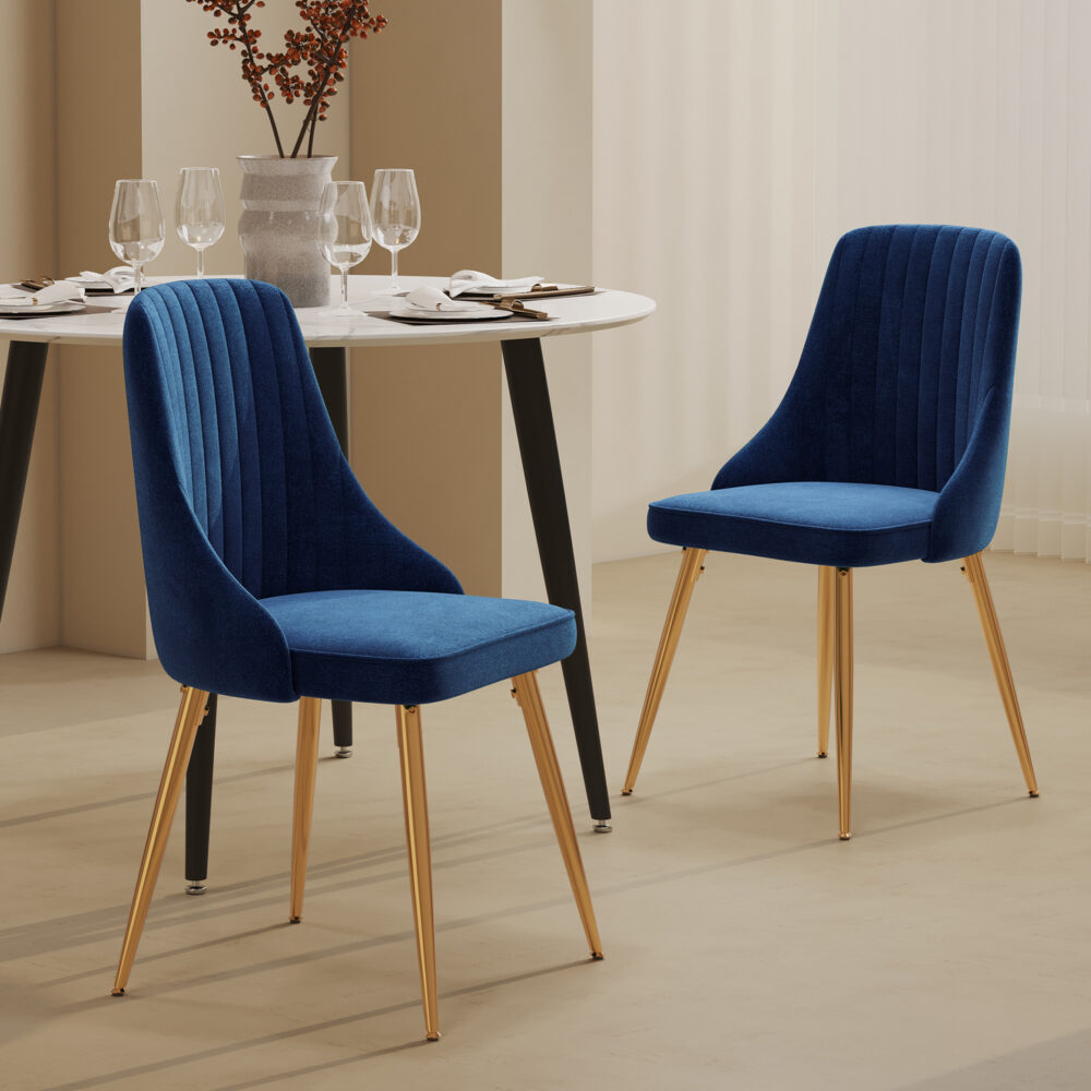 Viva Forever Set of 2 Blue Velvet Dining Chairs â€“ Art Deco Design with Gold Metal Legs